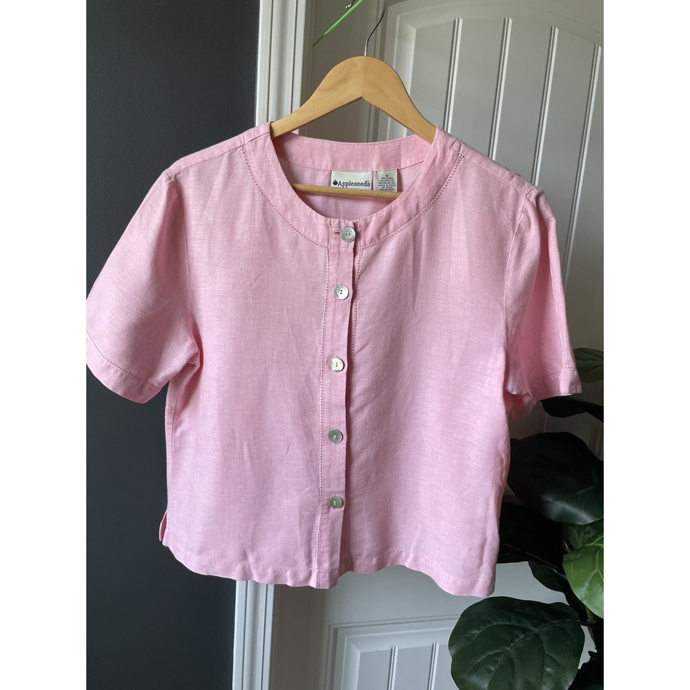 Appleseed's Pink Linen Cotton Woven Blouse Round Neck Button Front S/S Size 6
